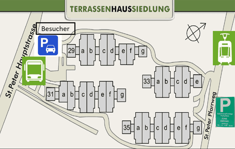 Lageplan der Terrassenhaussiedlung in Graz mit Besucherparkplatz, Bushaltestelle und Straßenbahn